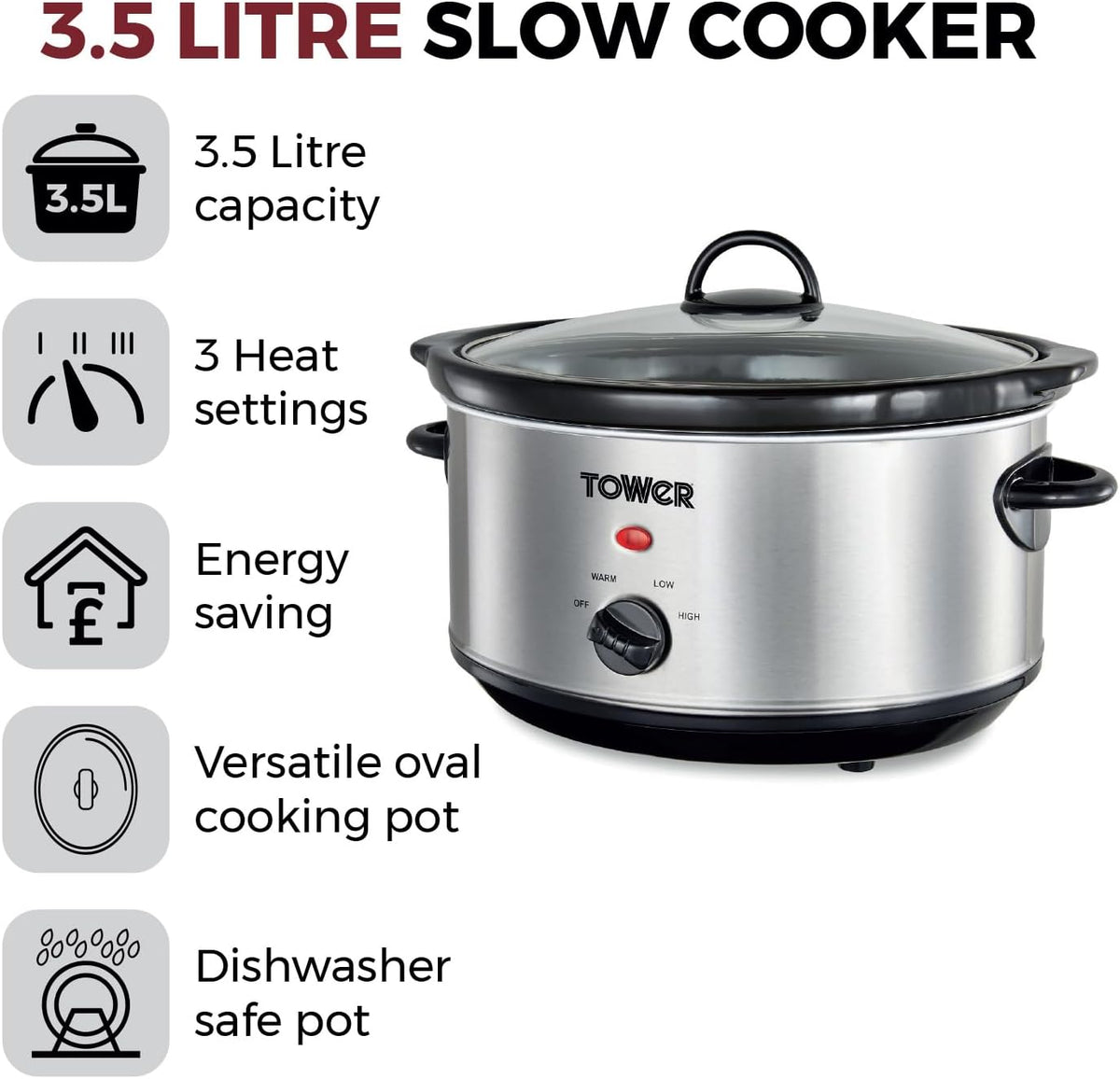 Tower 3.5L Stainless Steel Slow Cooker | T16039Y