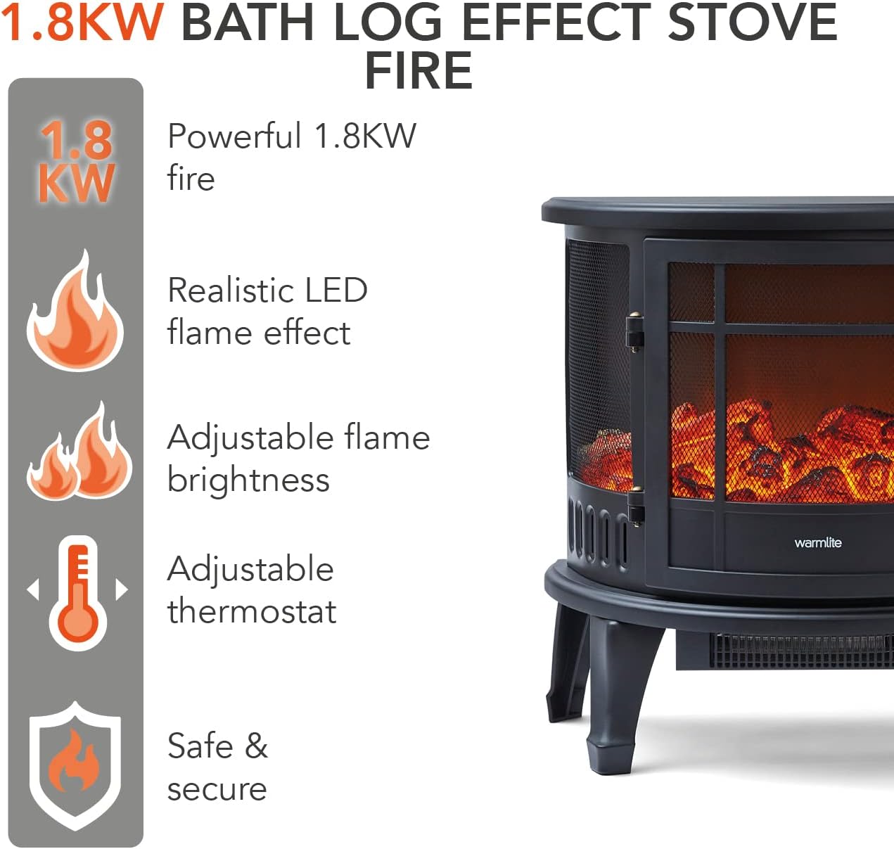 Warmlite Bath 1.8kW Log Effect Stove Fire Black | WL46017