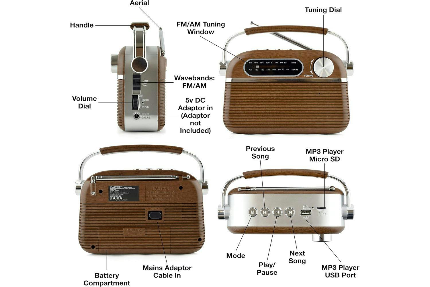 Lloytron Vintage Rechargeable Bluetooth AM/FM Radio Wood Effect | PP6403
