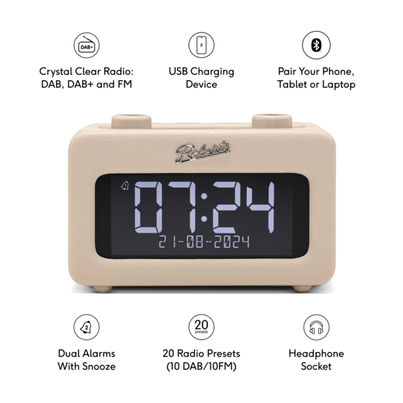 Roberts Revival Rest DAB+ FM Bluetooth Clock Radio Pastel Cream | REV-RESTPC