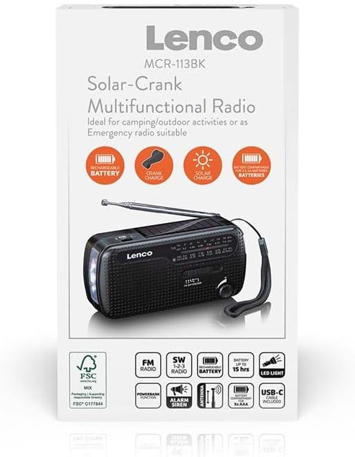 Lenco Portable Emergency Radio with Power Bank & Torch | MCR-113BK