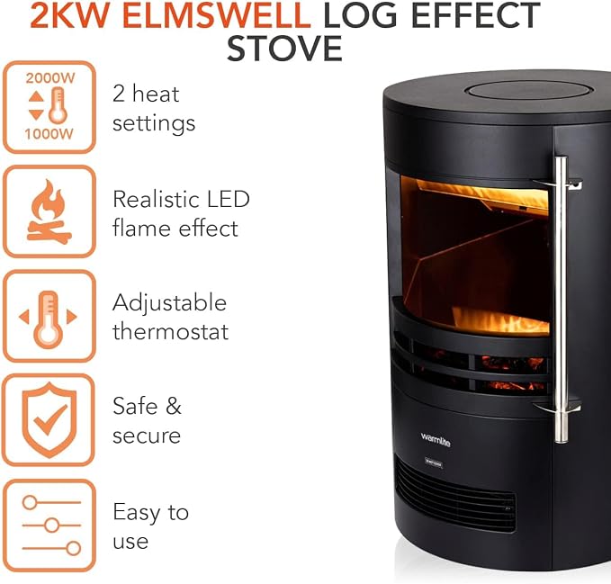 Warmlite Elmswell 2kW 3D LED Flame Effect Electric Stove Black | WL46022