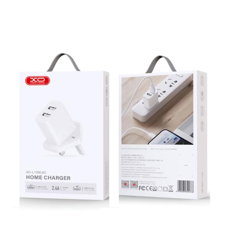 XO White L109 UK Plug Dual USB-A 2.4A Charger