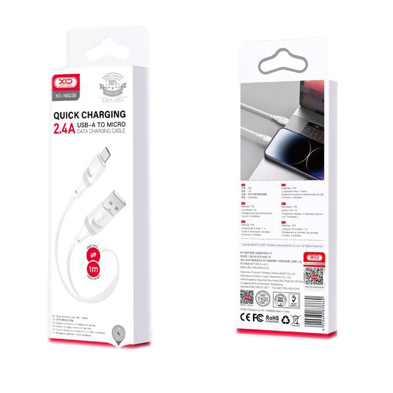 XO White Nb238 Micro USB 2.4A Zeus Silicone Cable