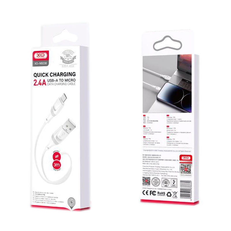 XO White Nb238 Micro USB 3M 2.4A Cable