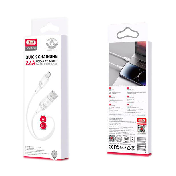 XO White Nb238 Micro USB 3M 2.4A Cable