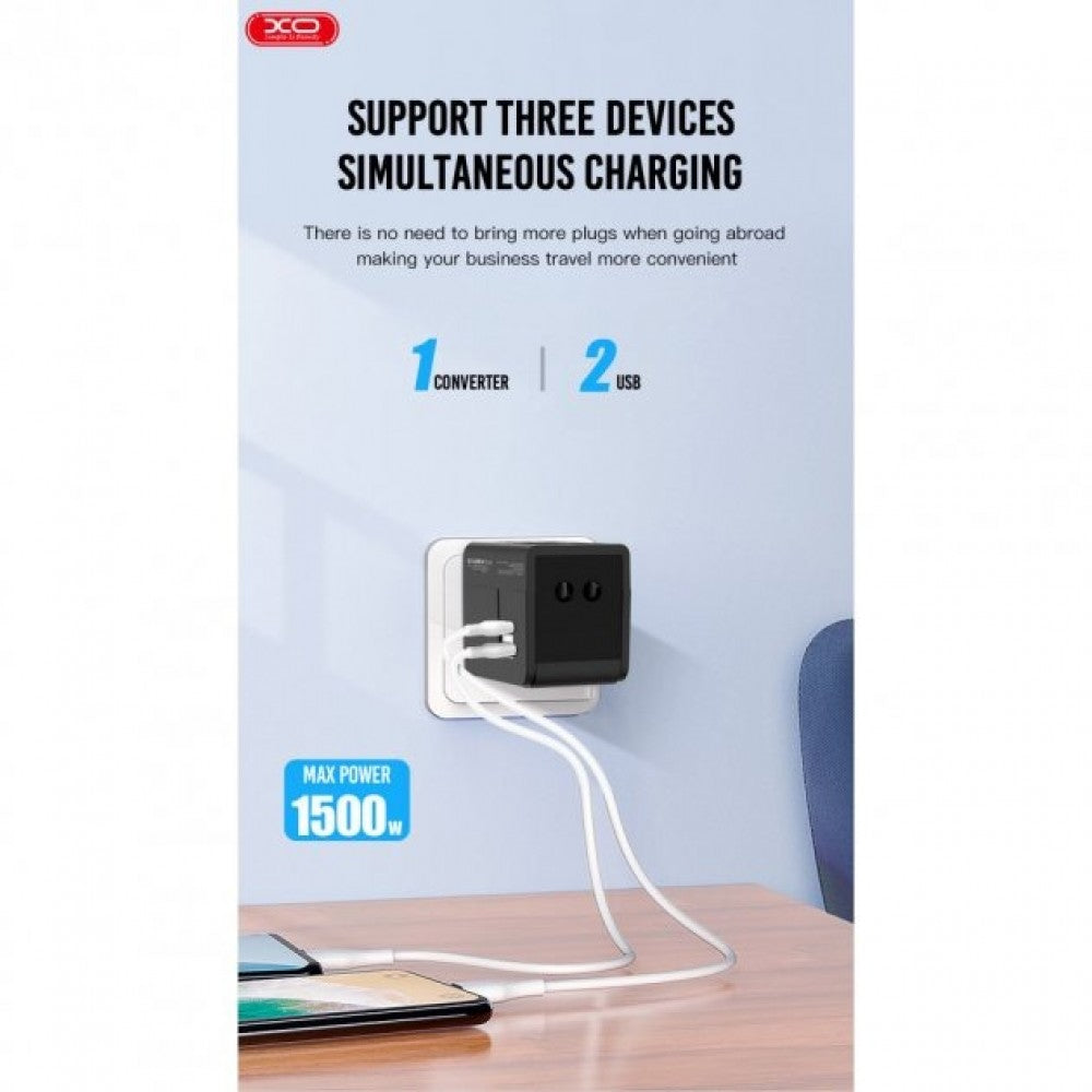XO Black Multi Multi Country World Travel Charger with USB