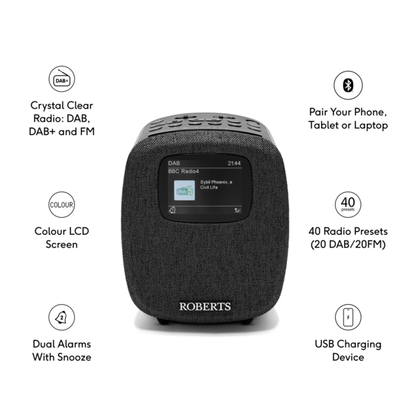 Roberts Ortus 5 DAB+/FM Bluetooth Alarm Clock Radio in Black