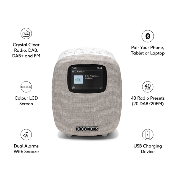 Roberts Ortus 5 DAB+/FM Bluetooth Alarm Clock Radio in White