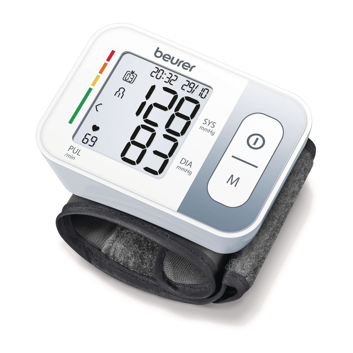 Beurer BC 28 wrist blood pressure monitor, White — angled view with wrist strap