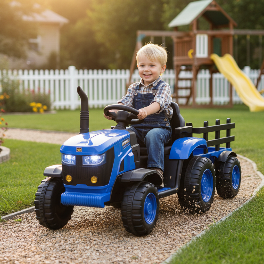 Young Kids Ride On Electric Tractor and Trailer in Blue