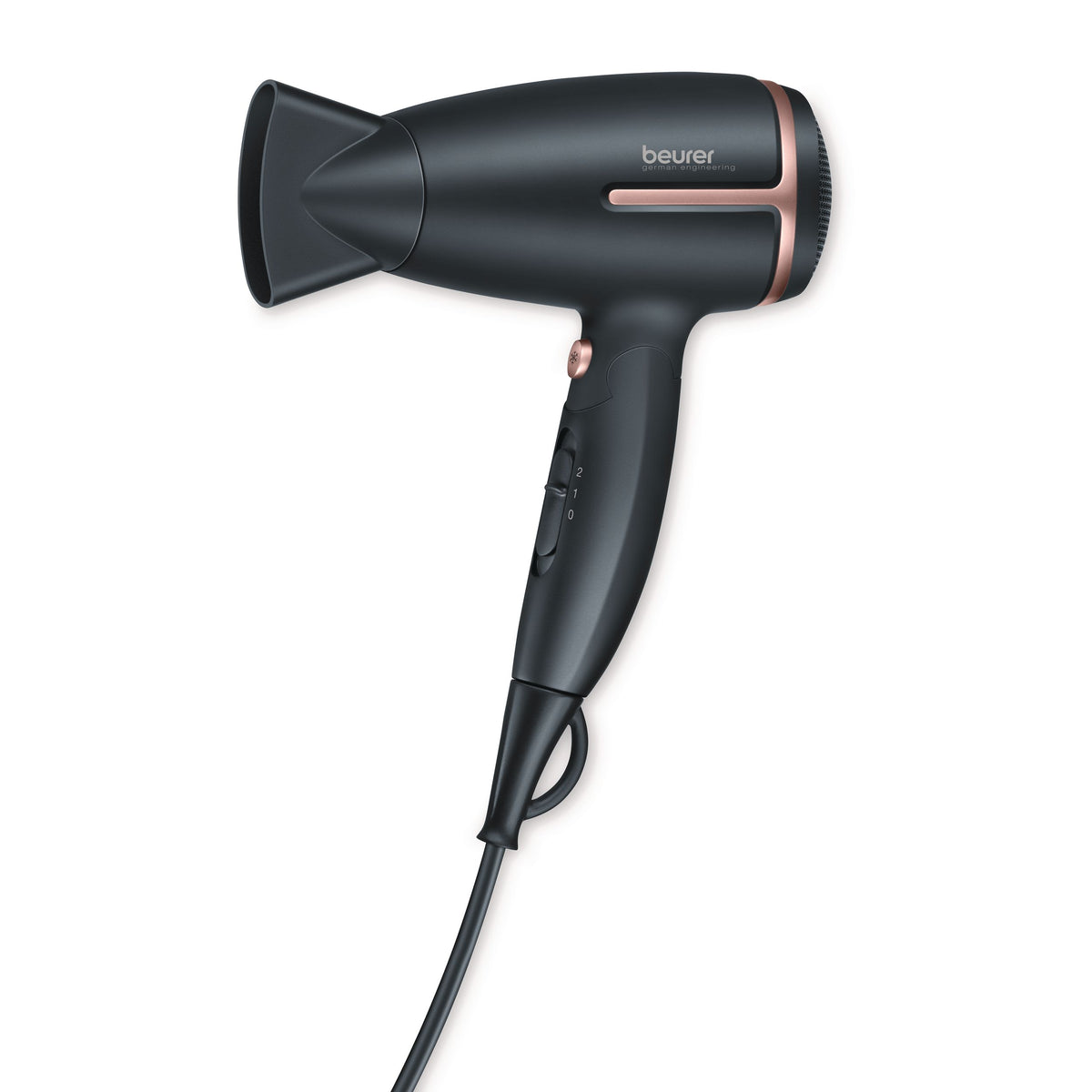 Beurer HC 25 Travel Hair Dryer with Ion, studio shot showing black and rose-gold folding dryer